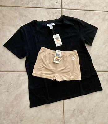 NAUTICA S Black PJ SleepTop short sleeve Vneck nude Seamless Boyshort Panties S - Image 1 of 4