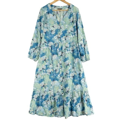 Style & Co Maxi Dress Sz Large PETITE Blue Floral Button Down Cottage Coastal - Image 1 of 4