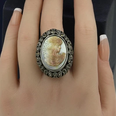 Vintage Style Stainless Steel 316 Women's Mosaic Mother of Pearl Ring - Image 1 of 4