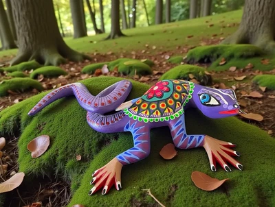 Oaxacan Alebrije Large Lizard Iguana Copal Wood Carving Multicolor Folk Art - Image 1 of 4