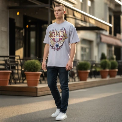 Von Dutch Reflective Graphic T-Shirt Mens Small Short Sleeve Flying Eyeball Gray - Image 1 of 4