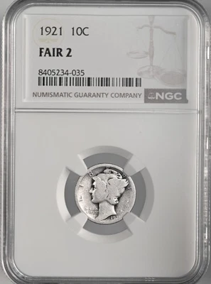 1921-P 10C MERCURY SILVER DIME "PHILADELPHIA" NGC FAIR 2 #8405234-035  LOW BALL - Image 1 of 4
