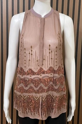 Anthropologie Moulinette Soeurs Women's 2 Brown Blouse  Tunic Sequin Beaded - Image 1 of 4