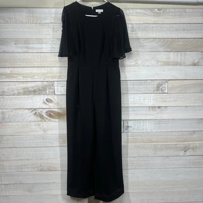 Calvin Klein Jumpsuit Womens Size 10 Black Flutter Sheer Sleeve Button Trim - Image 1 of 4