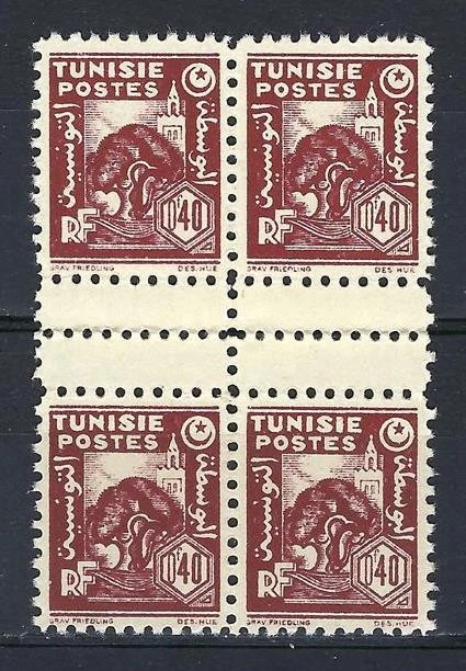 Túnez 1944 Sc# 166 Olivo Extra Perforado 40c Canaleta Vertical Bloque 4 MNH Foto 1 de 1