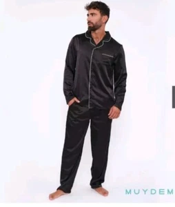 Pijama Hombre Elegante De Satén Negro Abierto Por Delante Muydem 390099 - Imagen 1 de 4