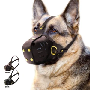 Adjustable Pet Dog Muzzle Genuine Leather Anti Biting Chewing Mouth Strong Cover - Picture 1 of 18