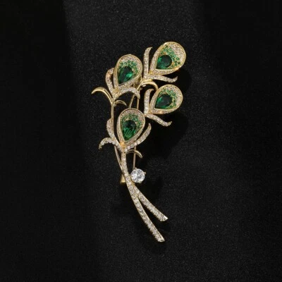 Luxury Jewelry Green Crystal Peacock Feather Brooch Women Suit Coat Pin Jewelry - Image 1 of 4