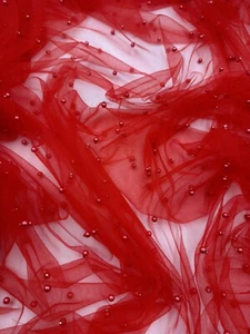 1 mtr red pearl beaded tulle net bridal dress fabric..58” wide (147cm) - Picture 1 of 4