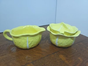 Secla Cabbage Leaf Covered Sugar Bowl And Creamer Yellow Portugal - Picture 1 of 12