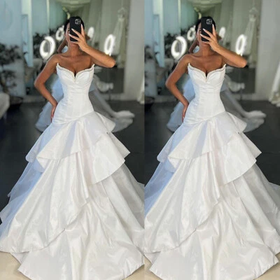 Elegant Satin Wedding Dress Off-Shoulder Ruffle A Line Beaded Corset Bridal Gown - Image 1 of 4