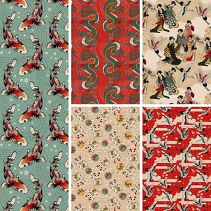 Japanese Cotton Fabric Dragon Cranes Lucky Cat Koi Kimono Japan FAT QUARTERS - Picture 1 of 6