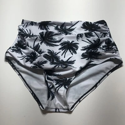 NEW White Palm Tree Print High Waist Ruched Bikini Bottom Lined Womens Large - Image 1 of 4