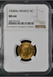 Mexico 5 Centavos 1968Mo Brass NGC MS 64 - Picture 1 of 2