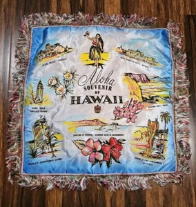 Vtg Hawaii Satin Pillow Sham Cover Blue Red Fringe Aloha Souvenir MCM Hula Girl - Picture 1 of 9