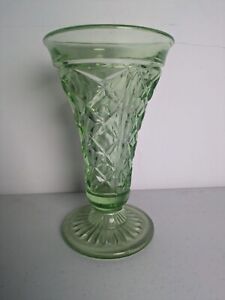 Vintage 1930's ART DECO Green Depression Cut Glass Footed Vase - 19cm Tall