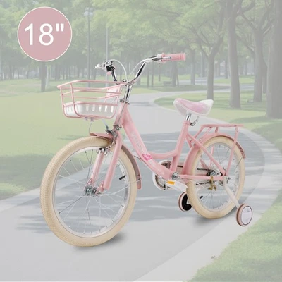 18" Child Bicycle Girls Bike with auxiliary wheels & Rack & Basket Pink B9 - Image 1 of 4