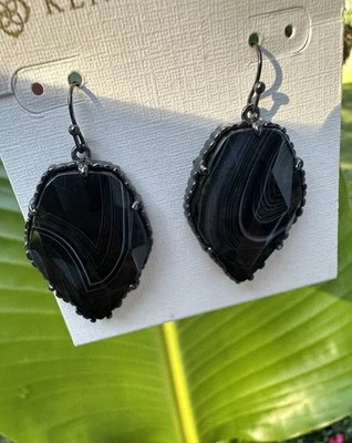 Kendra Scott Corley Earrings Black Banded Agate Gunmetal Dangle Drop - Image 1 of 4