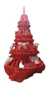 Vtg Large Red Macrame Hanging Christmas Tree - Picture 1 of 5