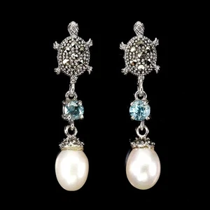 925 Sterling Silver Earrings Round Zircon Pearl Natural Gemstone Turtle Jewelry - Picture 1 of 13