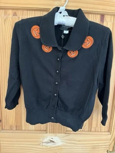 Collectif Halloween Pumpkin Embroidery Collar Cropped Black Cardigan Size 12 - Picture 1 of 3