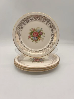 Porcelana georgiana Devon Rose 7,5 pol. conjunto de 4 pratos de salada vintage ouro 22 quilates - Imagem 1 de 4