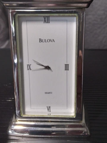 Bulova Desk Clock Secret Jewelry Compartment Silverplate Roman Numeral Cover