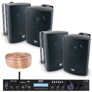 Pyle PDA7BU Bluetooth Receiver, Dual 4" Black Box Speakers, 50FT Wire Bundle - Picture 1 of 4