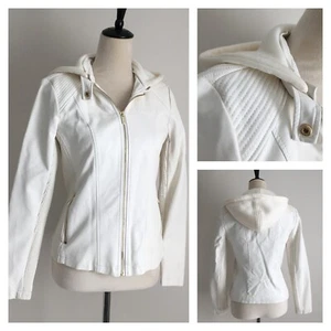 GBG Guess Womens sz Small Ivory Faux Leather Zip Pockets Rib Inserts Hood Jacket - Picture 1 of 13