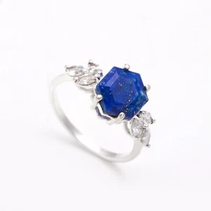 Natural Lapis Lazuli Hexagon Shape Dainty Ring Solid Silver Jewelry Wedding Gift - Picture 1 of 10