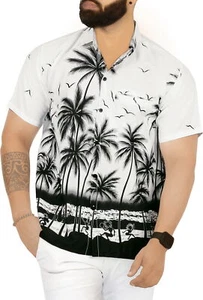 HAPPY BAY Men's Hawaiian Short Sleeve Button Down Shirts XL Sea Palm Tree, White - Picture 1 of 3
