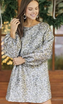 Silver Ditsy Floral Brocade Short Sheath Dress | Small | Long Sleeves | NWT - Image 1 of 4
