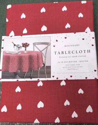 Boundary Red White Hearts Tablecloth Valentines Day Love Bridal Cotton ROUND 70" - image 1 of 4
