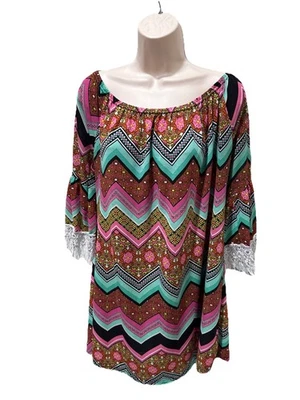 Túnica Win Win Media Manga Encaje Para Mujer Talla L - XL Rosa Multicolor Zig Zag Hippie Foto 1 de 4