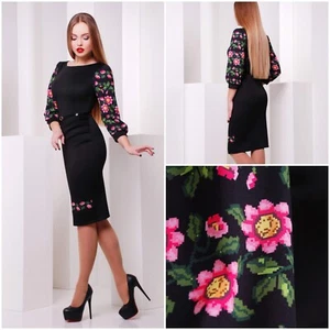 BLACK CLASSIC ELEGANT WOMEN DRESS WITH FLOWERS STYLE - Picture 1 of 3