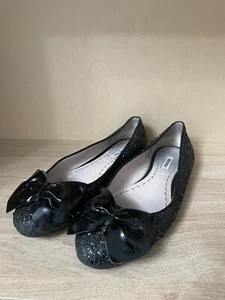 MIU MIU AMAZING Black GLITTER PEWTER BOW POINTY TOE FLATS Size Uk 5.5 Eu 38.5 - Picture 1 of 11