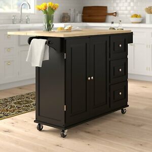 Black Large 53" Kitchen Island Cart Drop Leaf Top Home Dining Storage Furniture