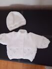Lovely Hand Knitted Baby's First Size Cardigan  And Hat In White