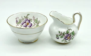Vintage ROYAL CHELSEA English Bone China Purple Yellow Floral Cream and Sugar - Picture 1 of 19