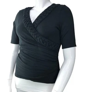 Etcetera Womens Size L Top Braided V Neck Faux Wrap Ruched Half Sleeve Blouse - Picture 1 of 15