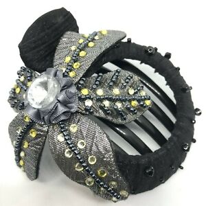 Hair Clip Vintage Jeweled Black Tone Flower Fabric with Claw Women Handmade Acc.