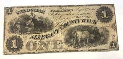 1861 $1 Allegany County Bank Cumberland MD Civil War Era Obsolete Note - Image 1 of 2