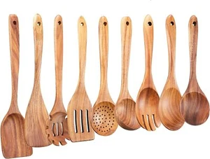 9 Pcs Wooden Kitchen Utensils Set Wood Spatula Spoons for Cooking Gifts Women - Picture 1 of 8