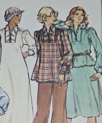 1980s Puff Sleeve Yoked Stand Collar Blouse Dress Butterick 4374 Sewing Pattern - Image 1 of 3
