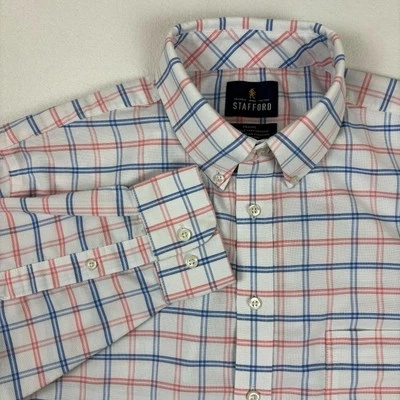 Stafford Travel Wrinkle Free Oxford Regular Fit 16.5 34/35 Dress White Plaid - Image 1 of 4