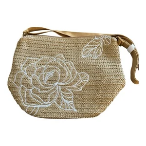 Vera Bradley Straw Bucket Crossbody Purse Beige Fawn White Embroidered Flowers - Picture 1 of 9