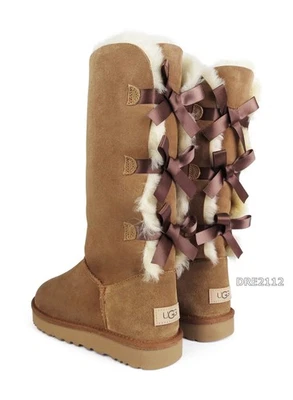 UGG Bailey Bow Tall II Triple Chestnut Suede Fur Boots Womens Size 8 *NIB* - Image 1 of 4
