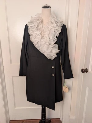 VTG Chiara 70s Black Dress w/White Chiffon Ruffle Collar - Long Sleeve -Sz XL - Image 1 of 4
