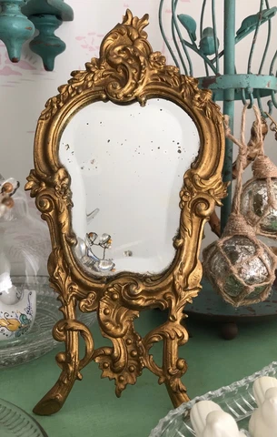 *Antique French Rococo Style Gilt Bronze Boudoir Footed Beveled Vanity Mirror Cover