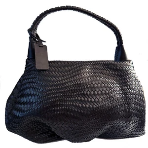 DELFINO Black Woven Belting Leather Shoulder Hobo Bag - Picture 1 of 13